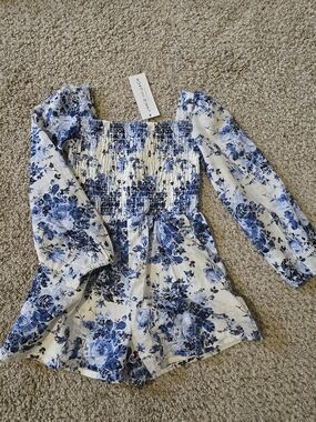 Janie and Jack White & Blue Floral Long Sleeve  Romper